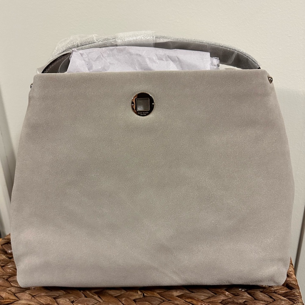 NWT Kate Spade Stardust Suede Willa satchel hobo bag. Light grey suede.